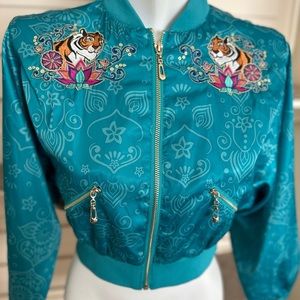 Disney Store Aladdin Rajah & Jasmine Teal Satin Full Zip Bomber Jacket Girls 7/8